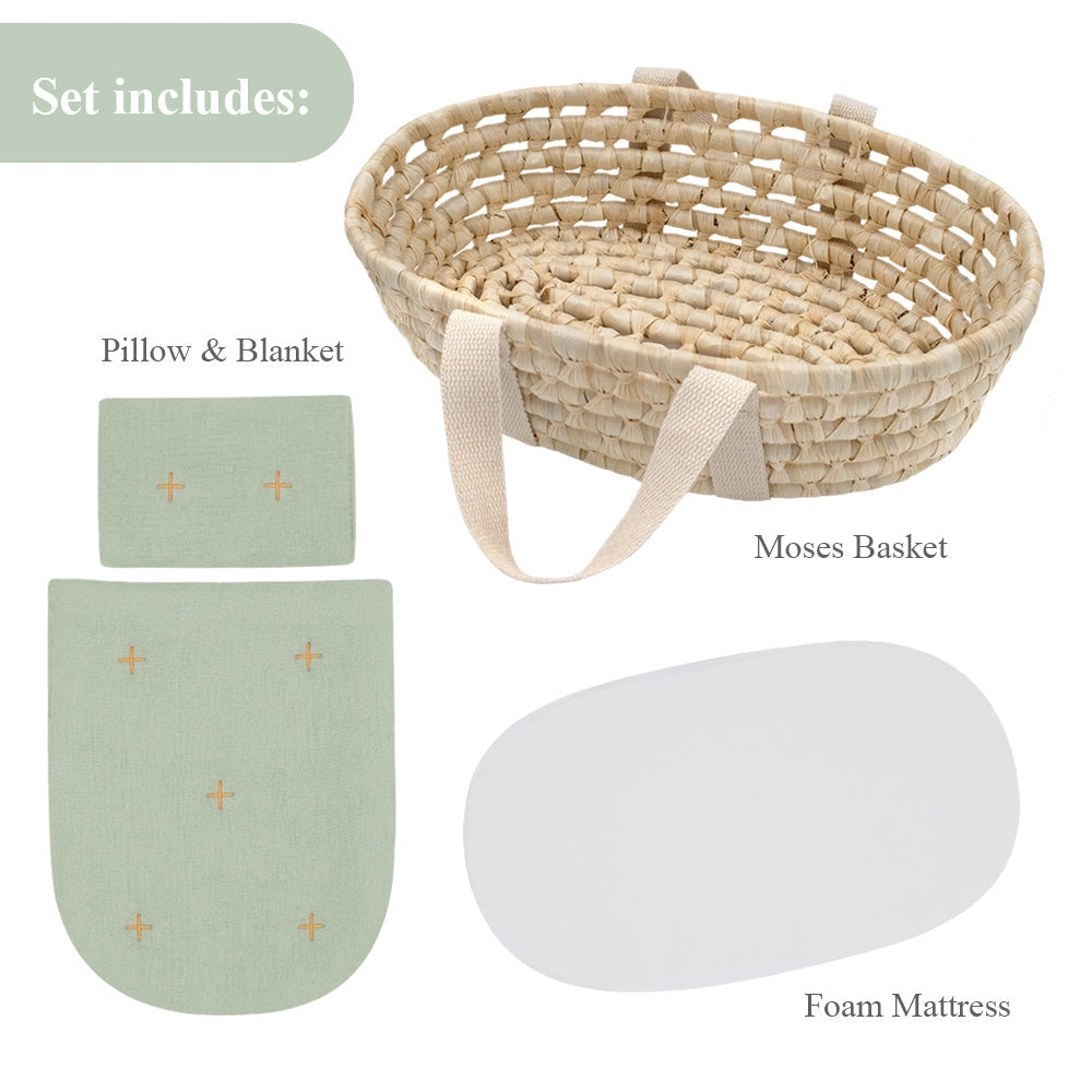 Rattan Doll Moses Basket with Sage Green Bedding