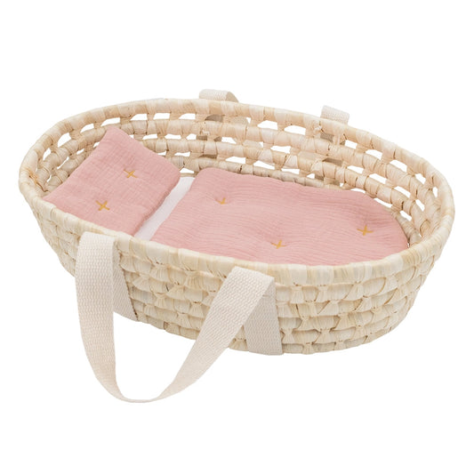 Rattan Doll Moses Basket with Peach Pink Bedding