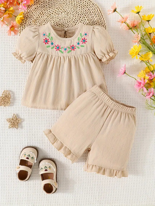 Natural Flower Embroidered Top and Ruffle Trim Shorts