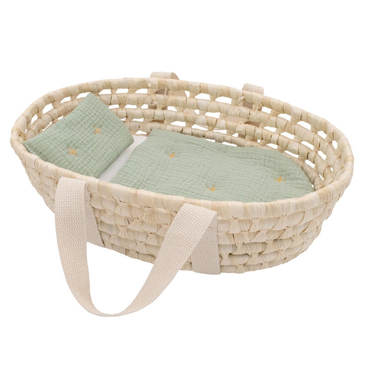 Rattan Doll Moses Basket with Sage Green Bedding